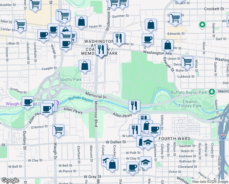 map of restaurants, bars, coffee shops, grocery stores, and more near 3003 Memorial Court in Houston