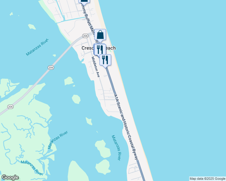 map of restaurants, bars, coffee shops, grocery stores, and more near 7175 Florida A1A in St. Augustine