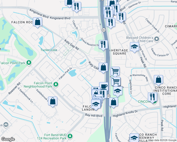 map of restaurants, bars, coffee shops, grocery stores, and more near 1111 Falcon Park Drive in Katy