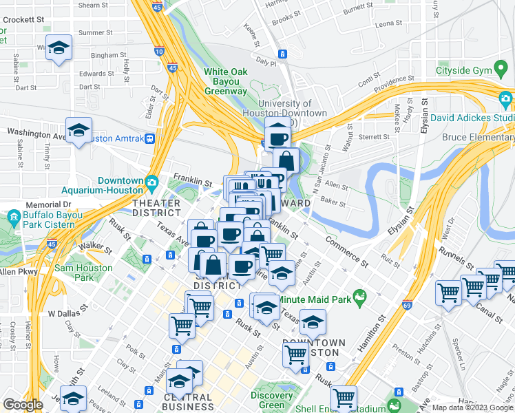 map of restaurants, bars, coffee shops, grocery stores, and more near 903 Main street in Houston