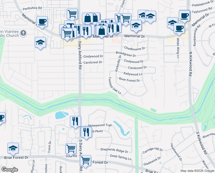 map of restaurants, bars, coffee shops, grocery stores, and more near 14431 Bramblewood Drive in Houston