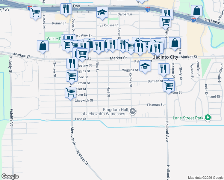 map of restaurants, bars, coffee shops, grocery stores, and more near 10610 Pillot Street in Houston