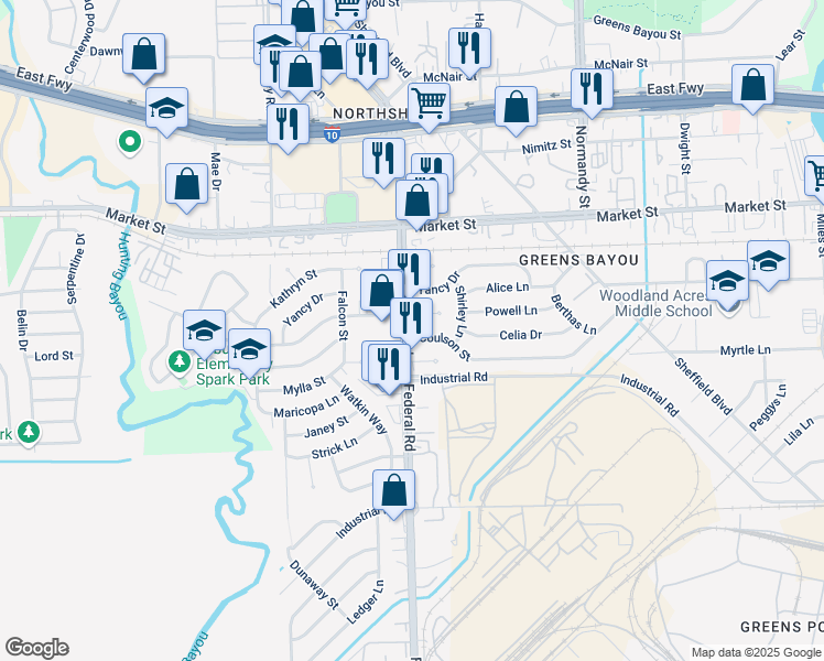 map of restaurants, bars, coffee shops, grocery stores, and more near 12607 Adelia Court in Houston