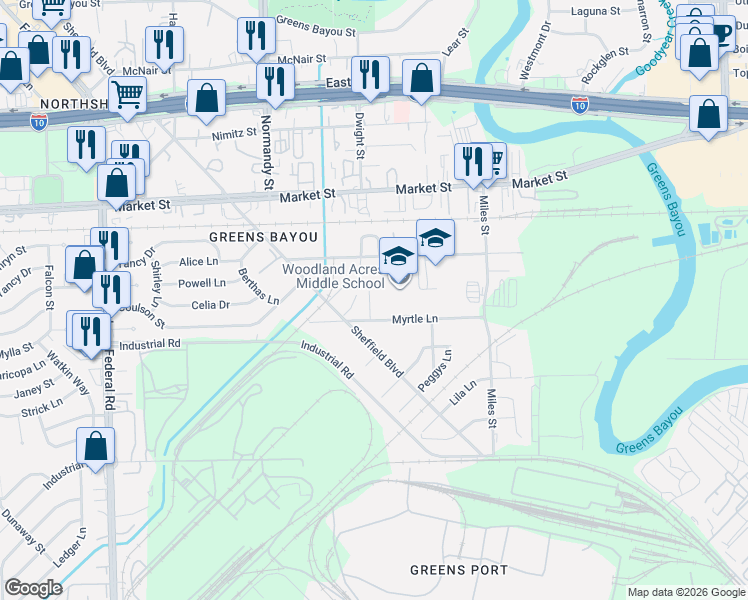 map of restaurants, bars, coffee shops, grocery stores, and more near 12911 Myrtle Lane in Houston