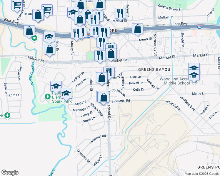map of restaurants, bars, coffee shops, grocery stores, and more near 12607 Adelia Court in Houston