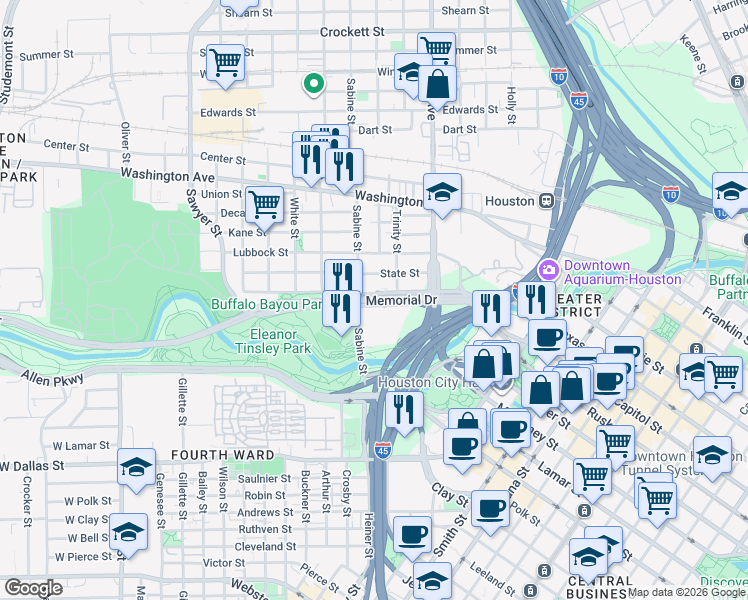 map of restaurants, bars, coffee shops, grocery stores, and more near 110 Sabine Street in Houston