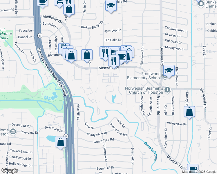 map of restaurants, bars, coffee shops, grocery stores, and more near 51 Litchfield Lane in Houston