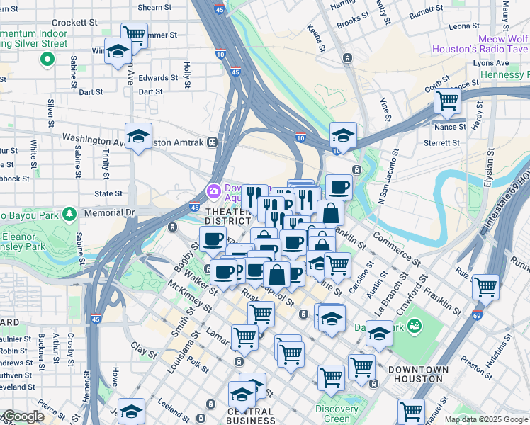 map of restaurants, bars, coffee shops, grocery stores, and more near 601 Preston Street in Houston