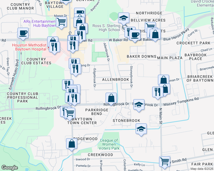 map of restaurants, bars, coffee shops, grocery stores, and more near 811 Edgebrook Drive in Baytown
