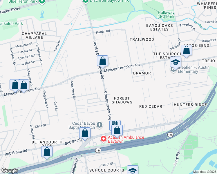 map of restaurants, bars, coffee shops, grocery stores, and more near 3610 Crosby Cedar Bayou Road in Baytown