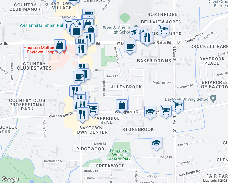 map of restaurants, bars, coffee shops, grocery stores, and more near 811 Meadowbrook Drive in Baytown