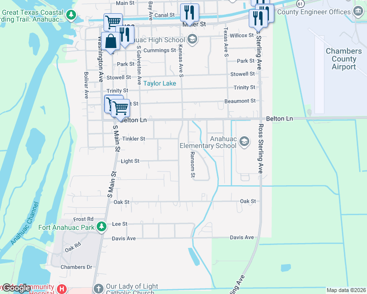 map of restaurants, bars, coffee shops, grocery stores, and more near 807 South Kansas Avenue in Anahuac