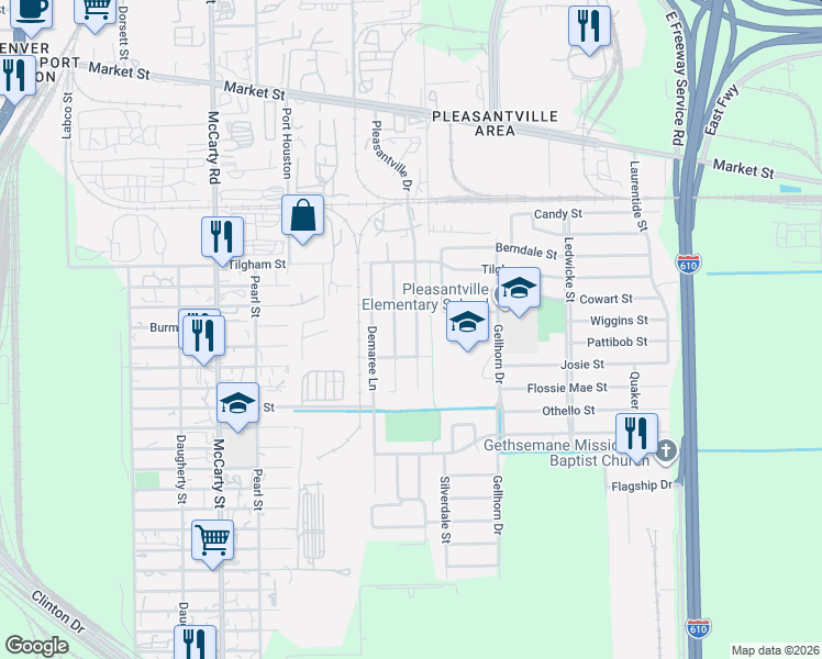 map of restaurants, bars, coffee shops, grocery stores, and more near 1503 Pleasantville Drive in Houston
