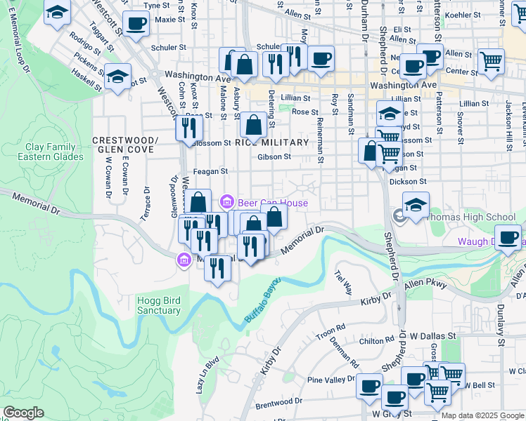 map of restaurants, bars, coffee shops, grocery stores, and more near 203 Detering Street in Houston