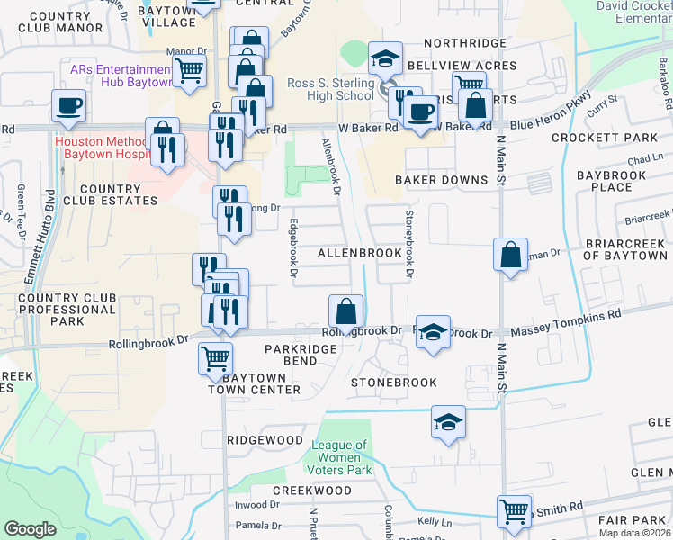 map of restaurants, bars, coffee shops, grocery stores, and more near 805 Meadowbrook Drive in Baytown