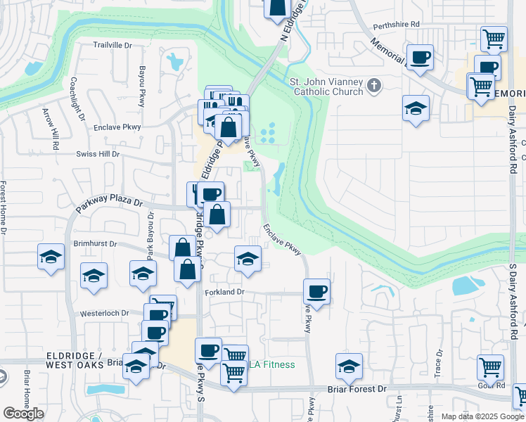 map of restaurants, bars, coffee shops, grocery stores, and more near 1232 Enclave Parkway in Houston