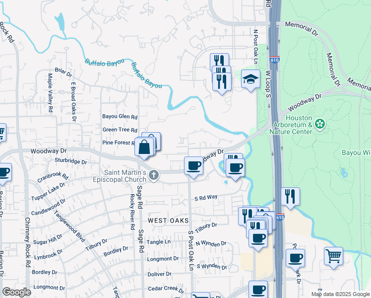 map of restaurants, bars, coffee shops, grocery stores, and more near 502 South Post Oak Lane in Houston