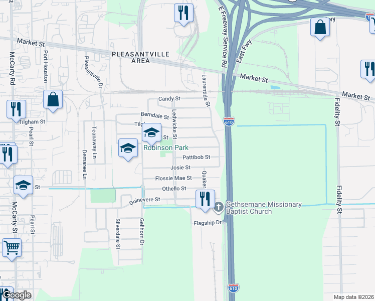 map of restaurants, bars, coffee shops, grocery stores, and more near 8710 Cowart Street in Houston