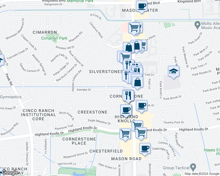 map of restaurants, bars, coffee shops, grocery stores, and more near 22034 Kenlake Drive in Katy
