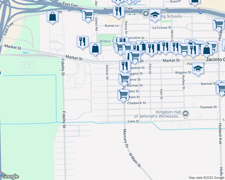 map of restaurants, bars, coffee shops, grocery stores, and more near 10225 Burman Street in Houston