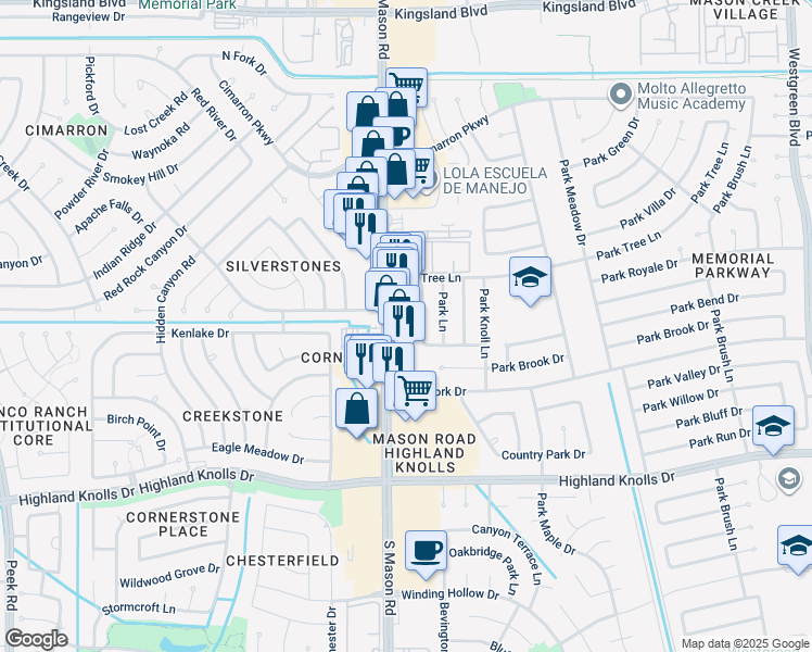 map of restaurants, bars, coffee shops, grocery stores, and more near 1109 Mason Road in Katy