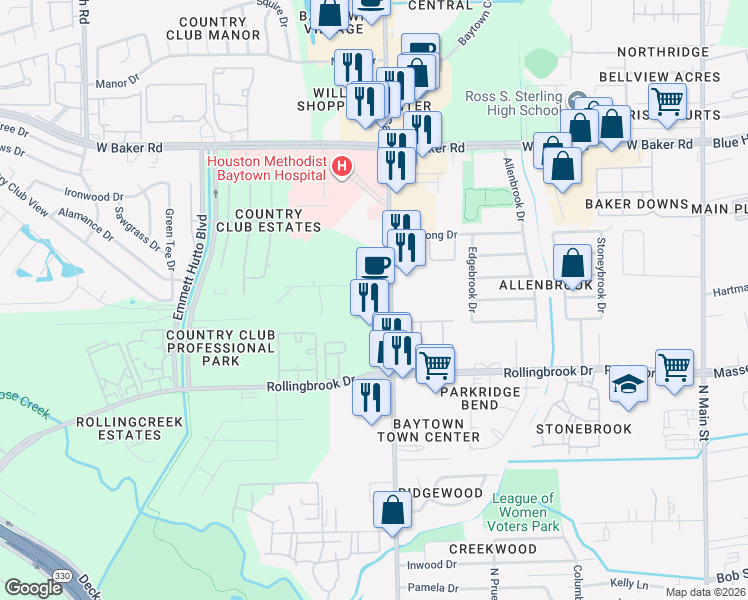 map of restaurants, bars, coffee shops, grocery stores, and more near 3837 Garth Road in Baytown