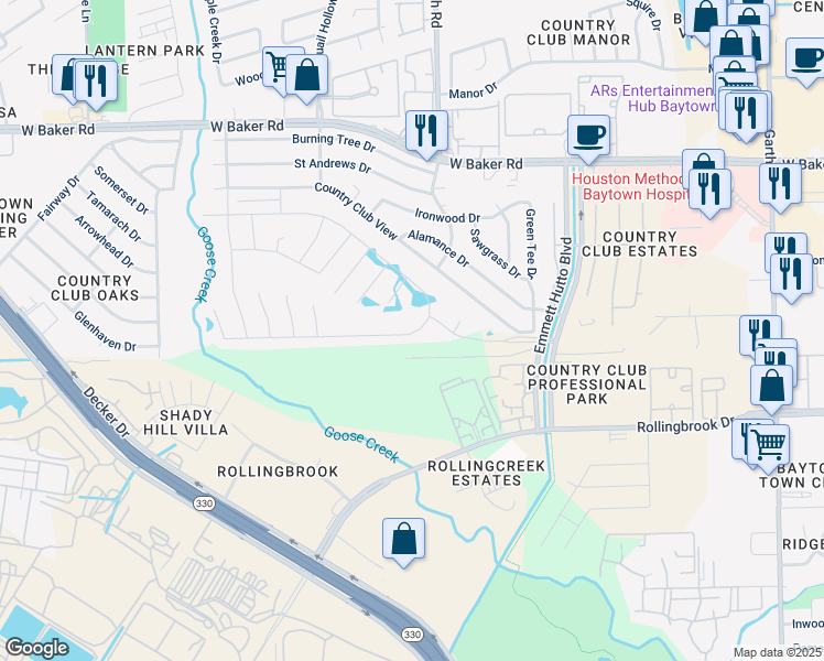 map of restaurants, bars, coffee shops, grocery stores, and more near 2826 Canadian Goose Lane in Baytown