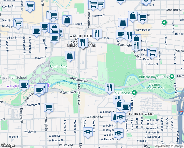 map of restaurants, bars, coffee shops, grocery stores, and more near 1620 Crockett Street in Houston