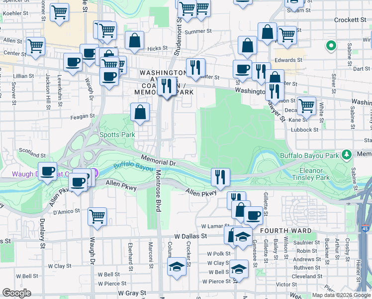 map of restaurants, bars, coffee shops, grocery stores, and more near 3003 Memorial Court in Houston