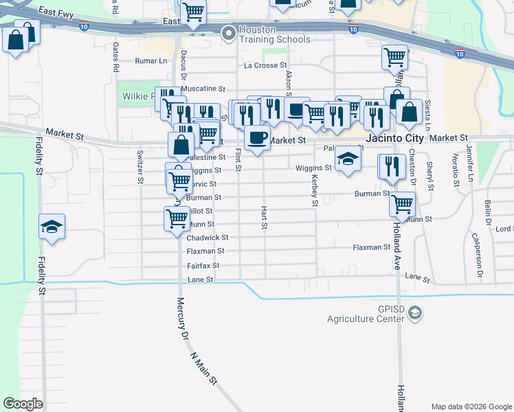 map of restaurants, bars, coffee shops, grocery stores, and more near 10526 Burman Street in Houston