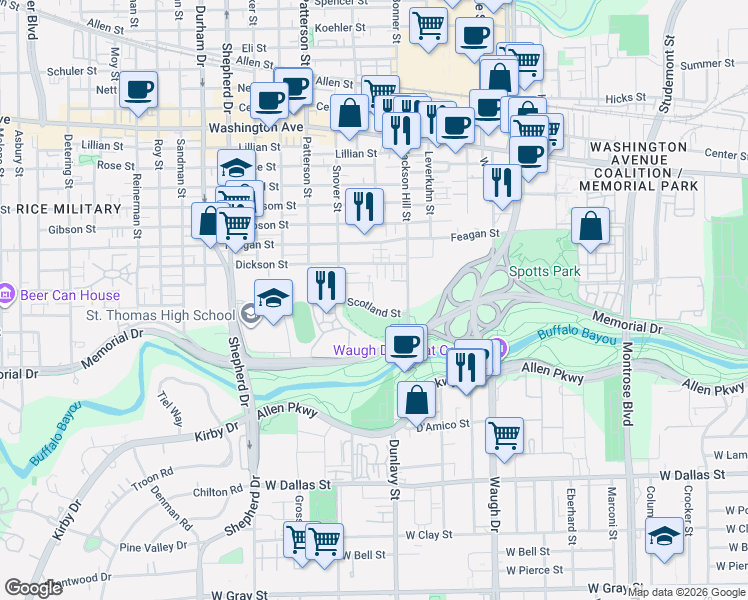 map of restaurants, bars, coffee shops, grocery stores, and more near 4202 Scotland Street in Houston