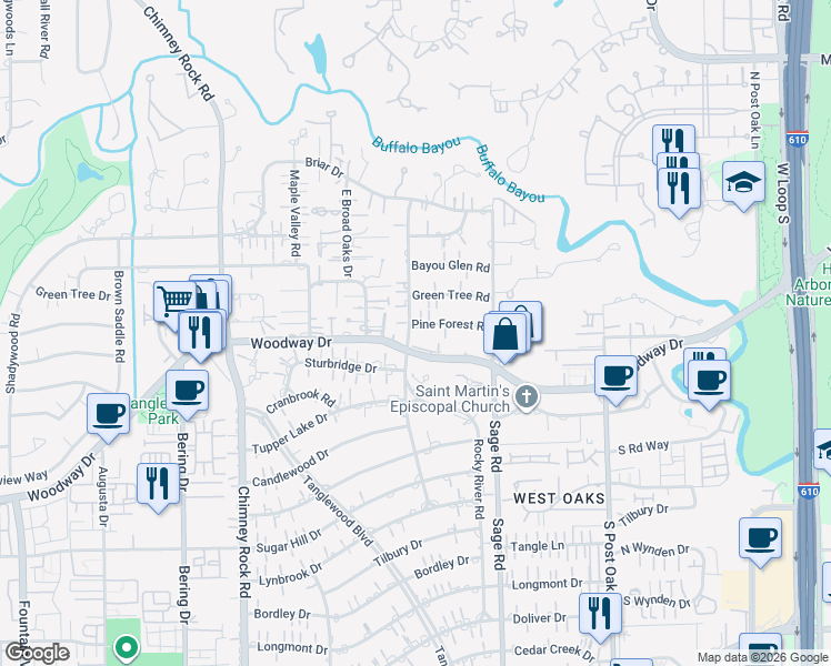 map of restaurants, bars, coffee shops, grocery stores, and more near 5313 Pine Forest Road in Houston