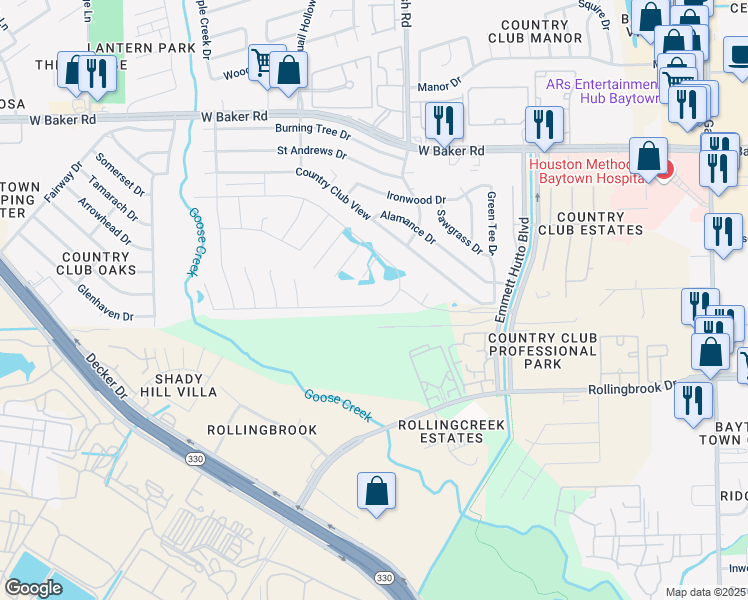 map of restaurants, bars, coffee shops, grocery stores, and more near 2826 Canadian Goose Lane in Baytown