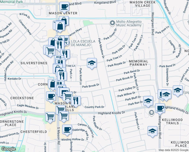 map of restaurants, bars, coffee shops, grocery stores, and more near 21603 Park Tree Lane in Katy