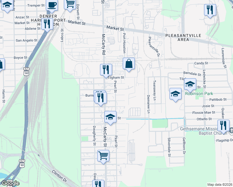 map of restaurants, bars, coffee shops, grocery stores, and more near 8216 Wiggins Street in Houston
