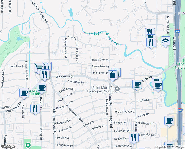 map of restaurants, bars, coffee shops, grocery stores, and more near 5308 Pine Forest Road in Houston