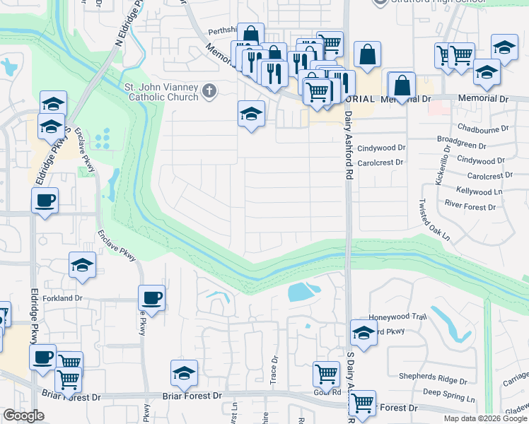 map of restaurants, bars, coffee shops, grocery stores, and more near 14747 River Forest Drive in Houston