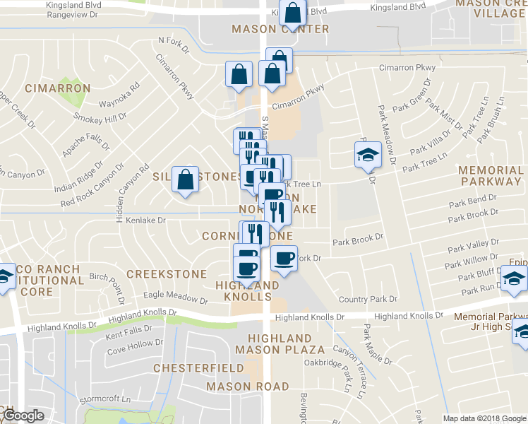 map of restaurants, bars, coffee shops, grocery stores, and more near 1118 South Mason Road in Katy