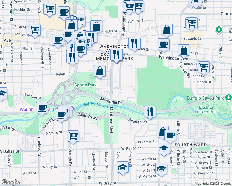 map of restaurants, bars, coffee shops, grocery stores, and more near 3131 Memorial Court in Houston