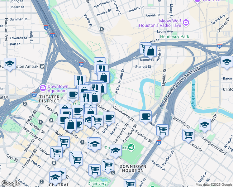 map of restaurants, bars, coffee shops, grocery stores, and more near 700 North San Jacinto Street in Houston