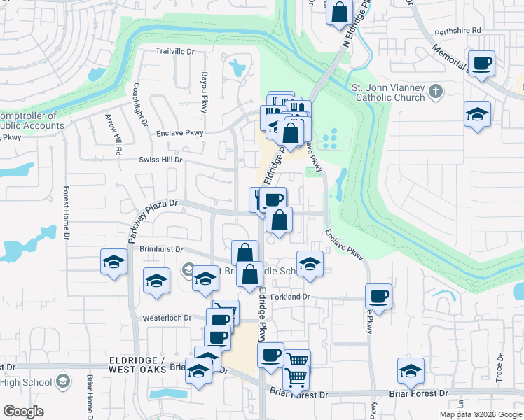 map of restaurants, bars, coffee shops, grocery stores, and more near 1293 Eldridge Parkway in Houston