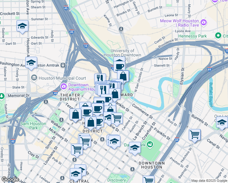 map of restaurants, bars, coffee shops, grocery stores, and more near 800 Commerce Street in Houston