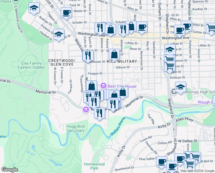 map of restaurants, bars, coffee shops, grocery stores, and more near 5506 Lacy Street in Houston