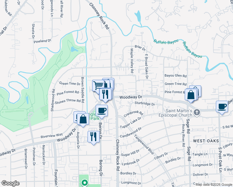 map of restaurants, bars, coffee shops, grocery stores, and more near 5703 Tangle Circle Lane in Houston