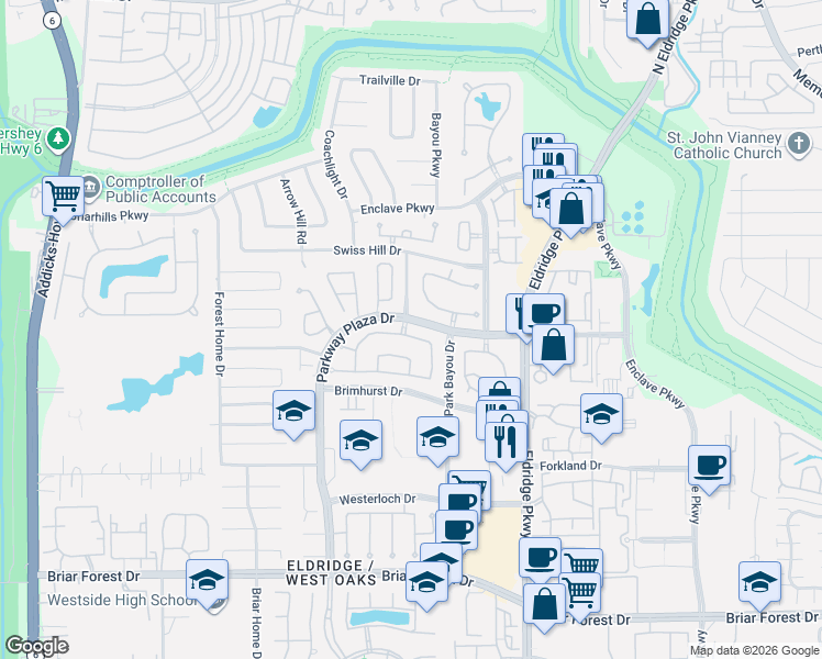 map of restaurants, bars, coffee shops, grocery stores, and more near 13718 Aspen Cove Drive in Houston