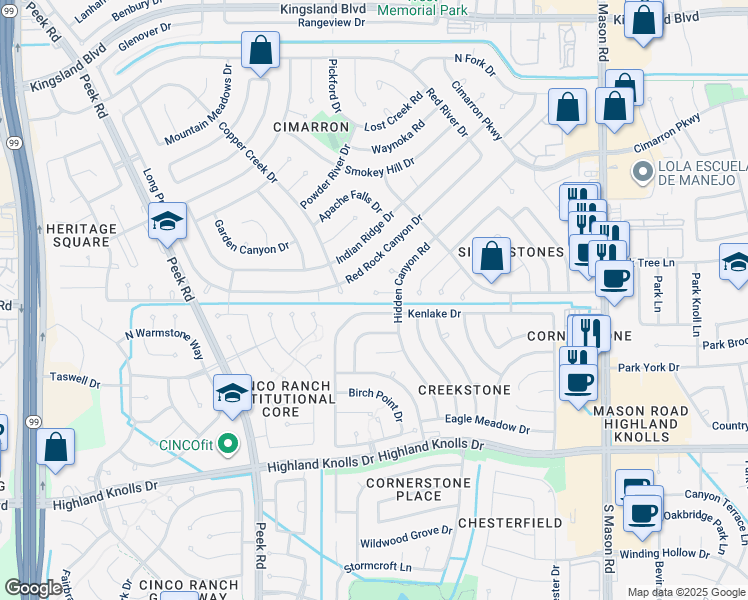 map of restaurants, bars, coffee shops, grocery stores, and more near 22619 Indian Knoll Drive in Katy