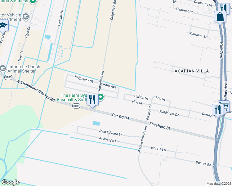 map of restaurants, bars, coffee shops, grocery stores, and more near 101-199 Hyland Dr in Thibodaux