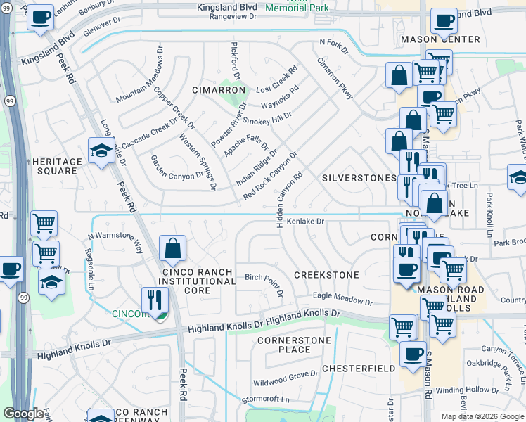 map of restaurants, bars, coffee shops, grocery stores, and more near 22618 Indian Knoll Drive in Katy