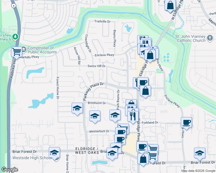 map of restaurants, bars, coffee shops, grocery stores, and more near 13718 Aspen Cove Drive in Houston