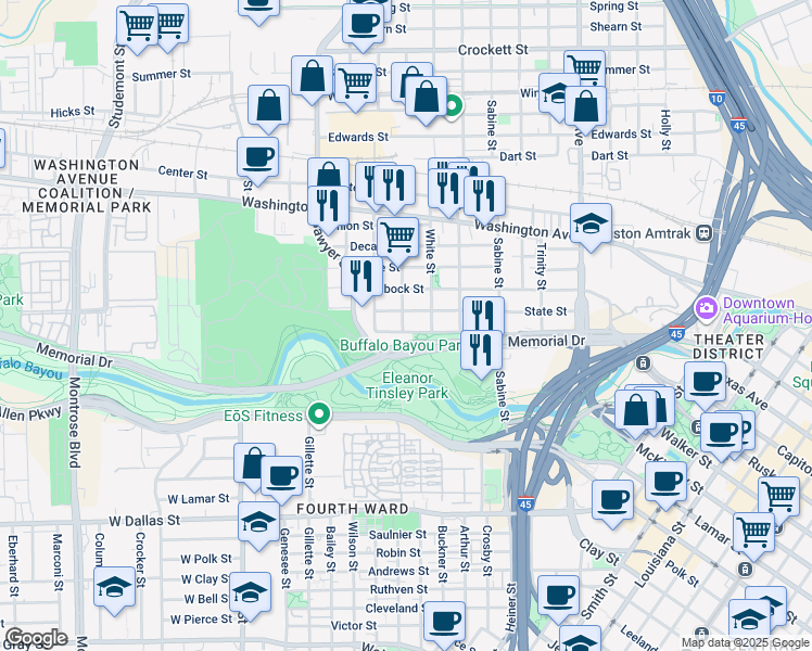map of restaurants, bars, coffee shops, grocery stores, and more near 2017 State Street in Houston
